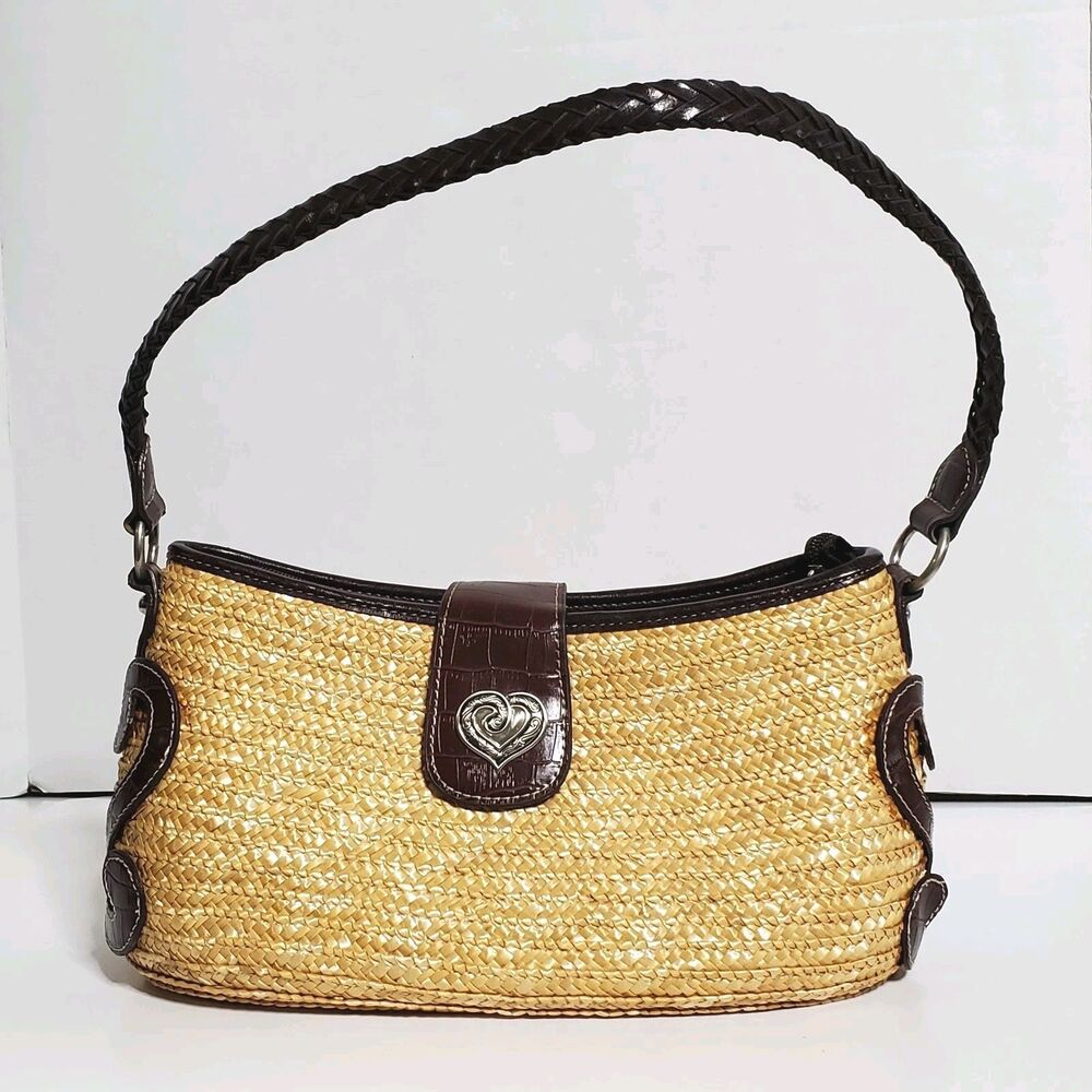 Marlo Wicker Woven Purse Bag Heart Clasp Vintage Tan Brown Braided Strap